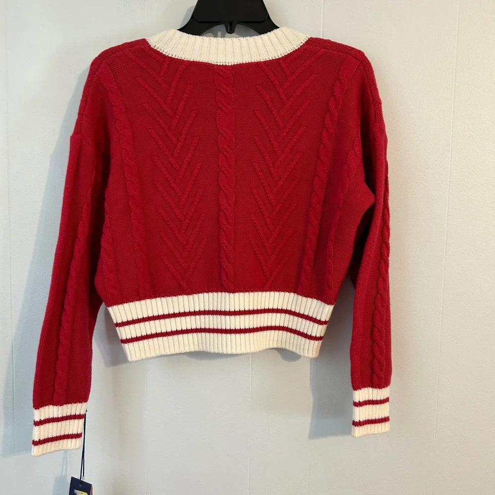 Limited Too Kids Red White V-Neck Cable Knit Sweater Athletic 87 Patch Size Larg
